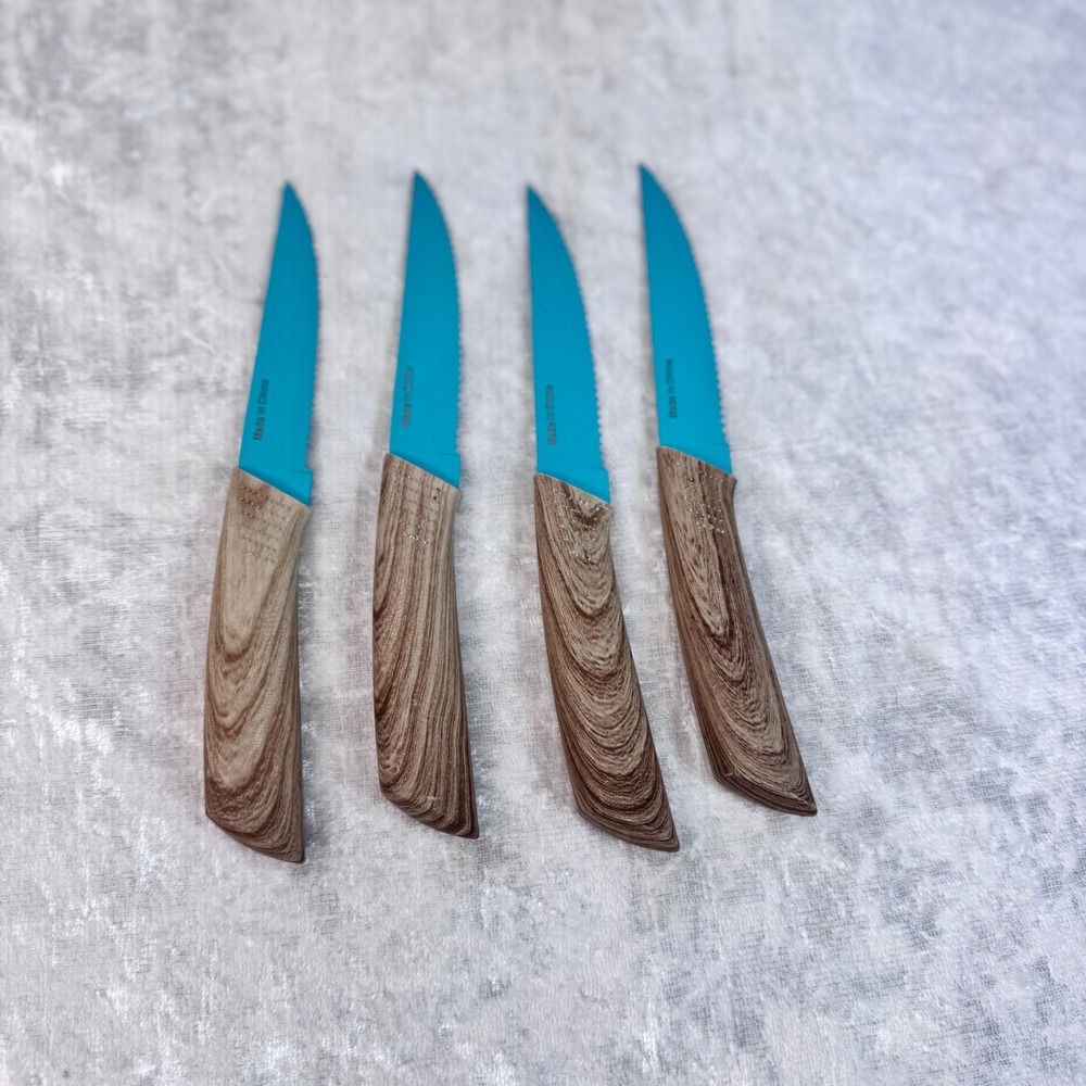 Set of 4 Steak Knives Turquoise‎ Serrated Blades Wood Look Handles Kitchen